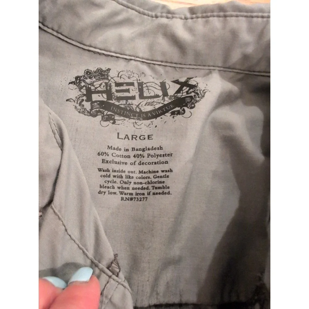 Helix Boys L Long Sleeve Button Down Shirt Cotton Blend Gray Eagle‎ Crest EUC